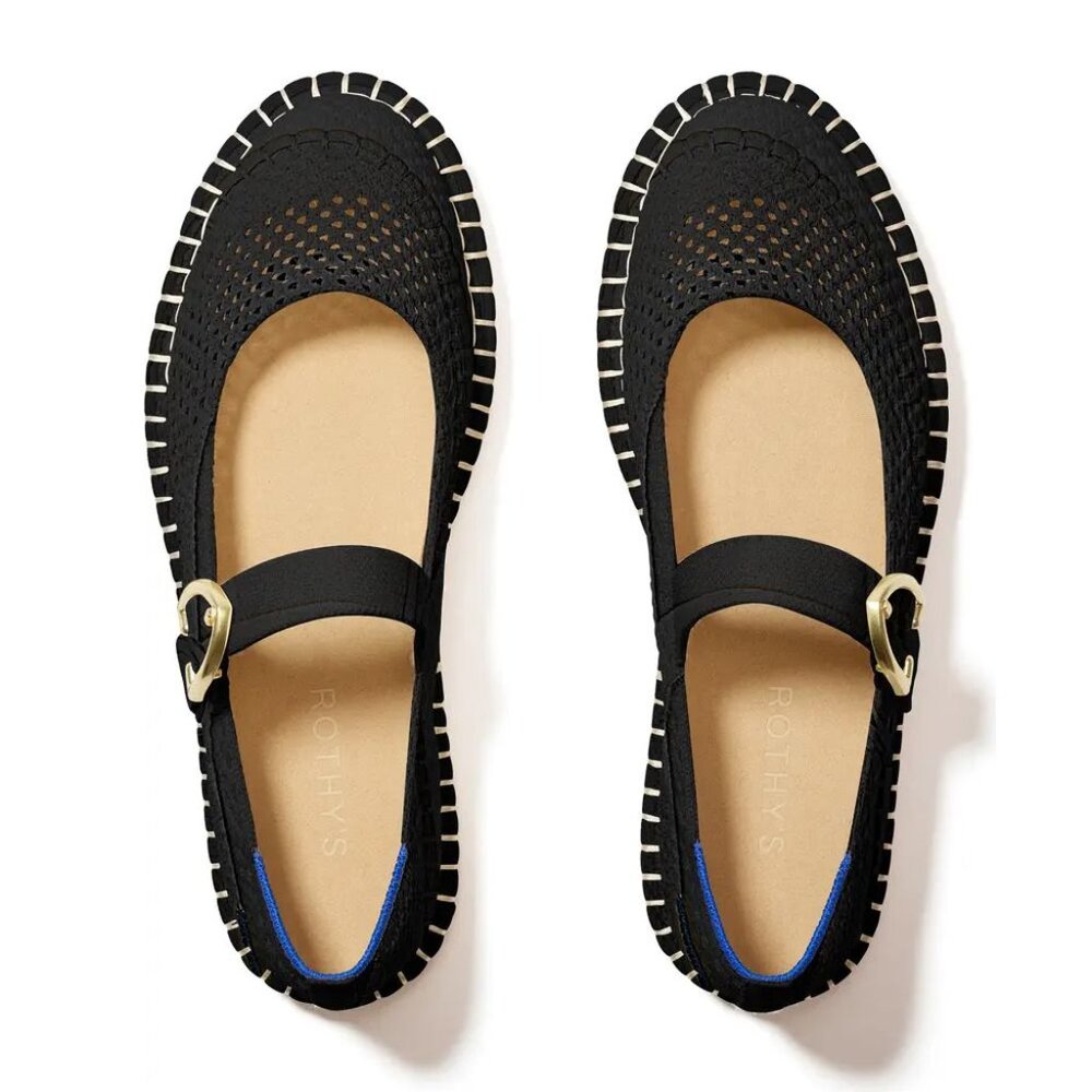 Rothy's Black Mary Jane Espadrille Flats with Gold Buckle - Picture 2 of 16